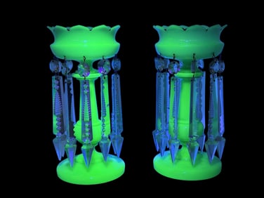 Pair of Late 19th C. Opaline Uranium Glass Lusters