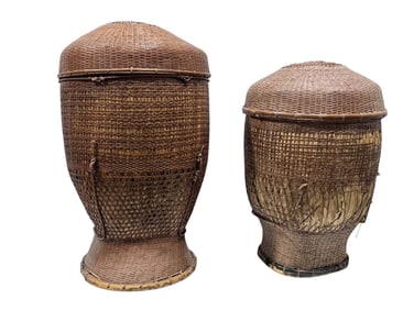(2) Large Vintage Hand Woven Grain Baskets w/ Lids