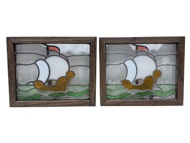Pair of C. 1920 English Stained & Leaded Glass Boat Panels