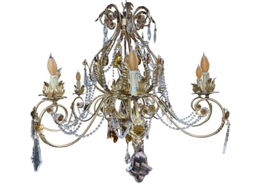 Large Italian Gold Metal & Crystal Chandelier