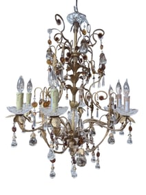 Italian Gold Metal & Crystal Chandelier