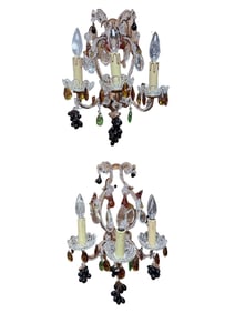Pair of 3 Candle Light Fruit Crystal Sconce