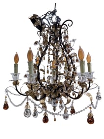 Italian Gold Metal & Crystal Chandelier