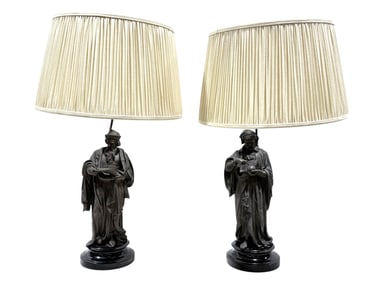 Pair of Metal Scholar Figural Sculpture Lamps