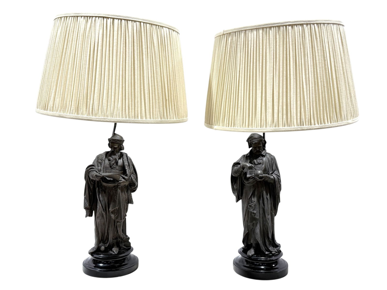 Pair of Metal Scholar Figural Sculpture Lamps: Pair of Metal Scholar Figural Sculpture Lamps. Measures 34.5" Tall. Both lamps are working, has some scratches on lamp bases.