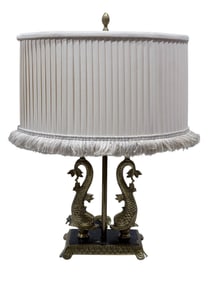 Brass Dolphin Bouillotte Table Lamp w/ Fredrick Cooper Shade