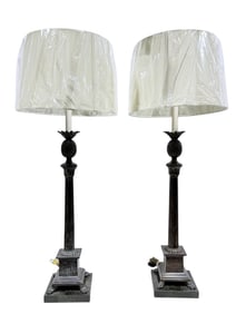 (2) Bronze Maitland Smith Pineapple & Column Candlestick Lamps