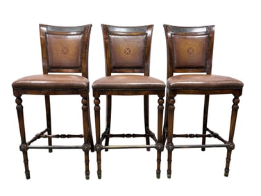 (3) Theodore Alexander Leather & Wood Bar Stools