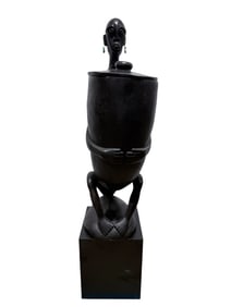 Tall Unique Carved Wood African Male Figure w/ Lid Vase on Wood Base
