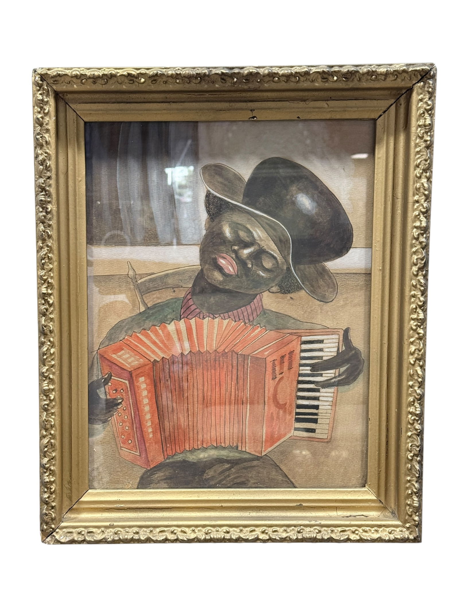 Cir 1890 American New Orleans Accordion Player Black Memorabilia Painting (1 of 10)