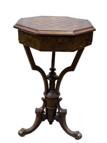Mid 19th C. Octagonal Walnut & Burl Lift Top Game Table