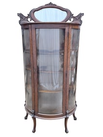 19th C. Victorian Oak Curved Front Cabinet w/ Mirror
