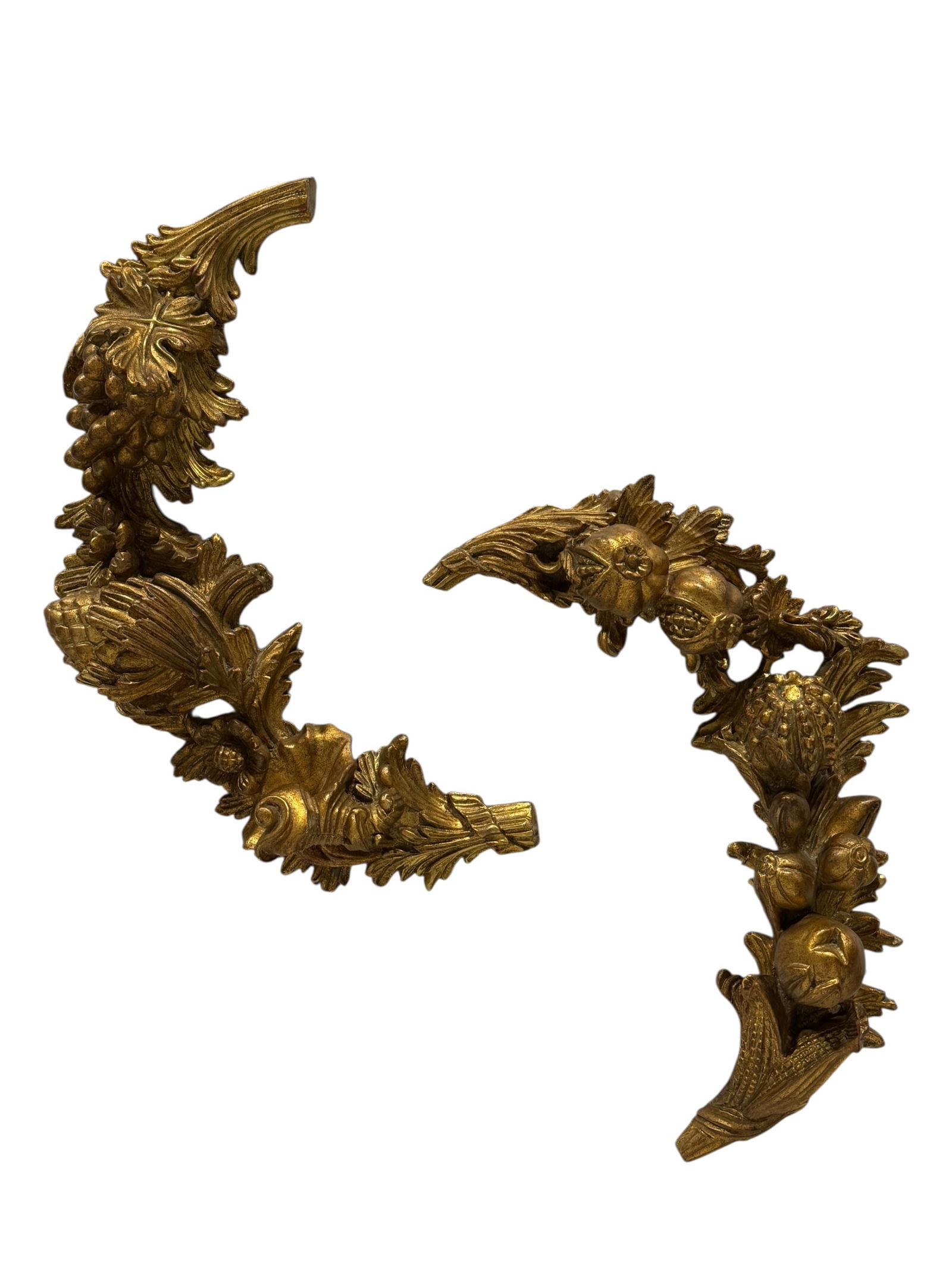 Pair of Italian "Palladio" Gilt Carved Wood Swags: Pair of Italian "Palladio" Gilt Carved Wood Swags. Labels and plaques on the backside of both and marked Made in Italy. Measures 22.5" W & 23.5" W. Has some scuffs.