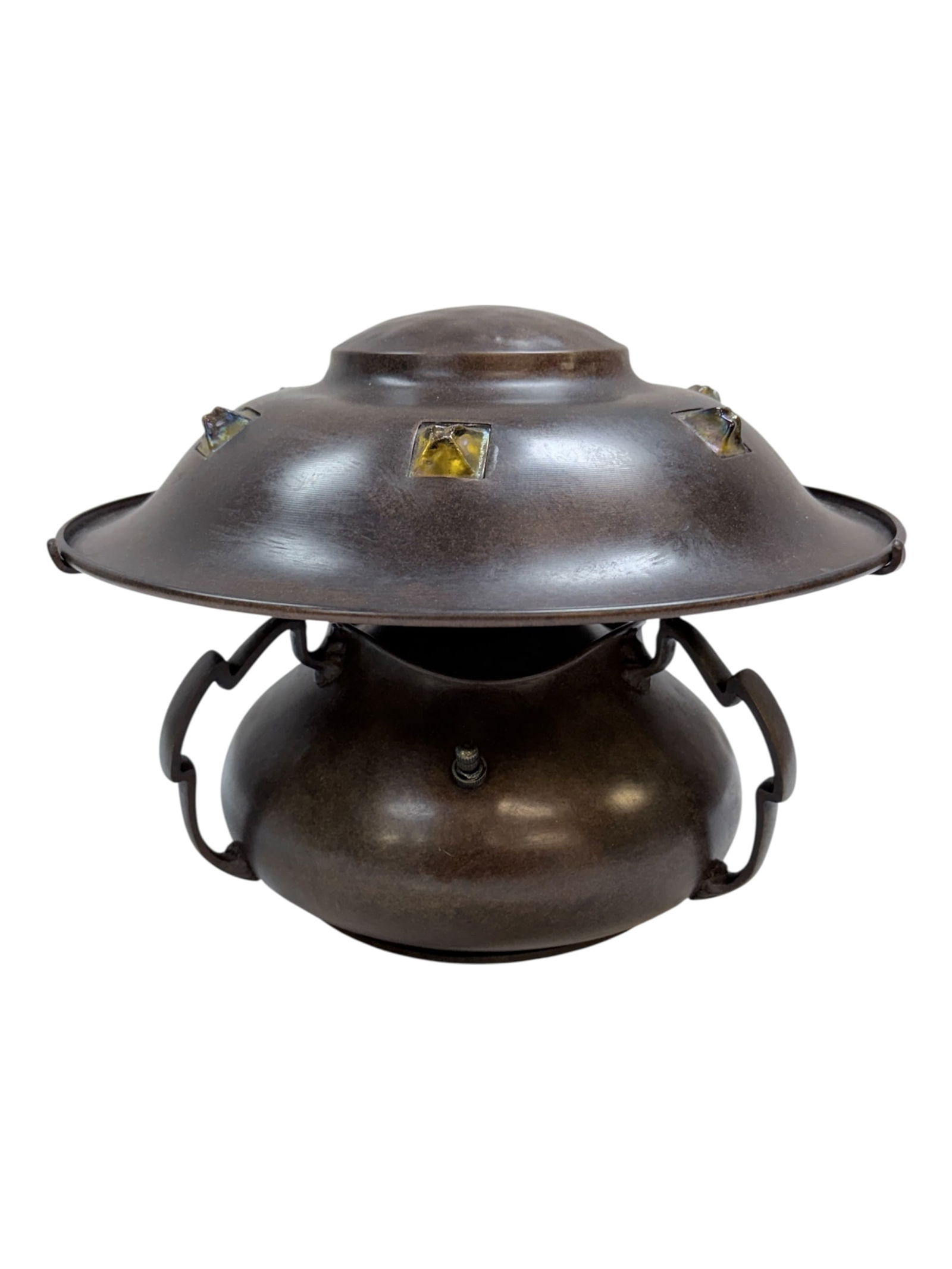 Fine Early 20th C. Austrian Arts & Crafts Jeweled Lamp: Fine Early 20th C. Austrian Arts & Crafts Jeweled Lamp. Vienna Secession style lamp. Measures 9" H x 12.75" W x 12.75" D. Has some small dents and has a small broken piece (see photos).