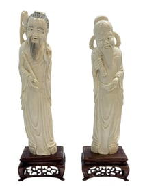 (2) Early 20th C. Chinese Carved Bone Shoulou God's of Longevity