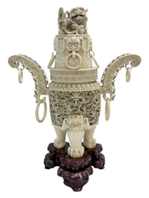 Early 20th C. Chinese Carved Bone Foo Dog Censer on Stand