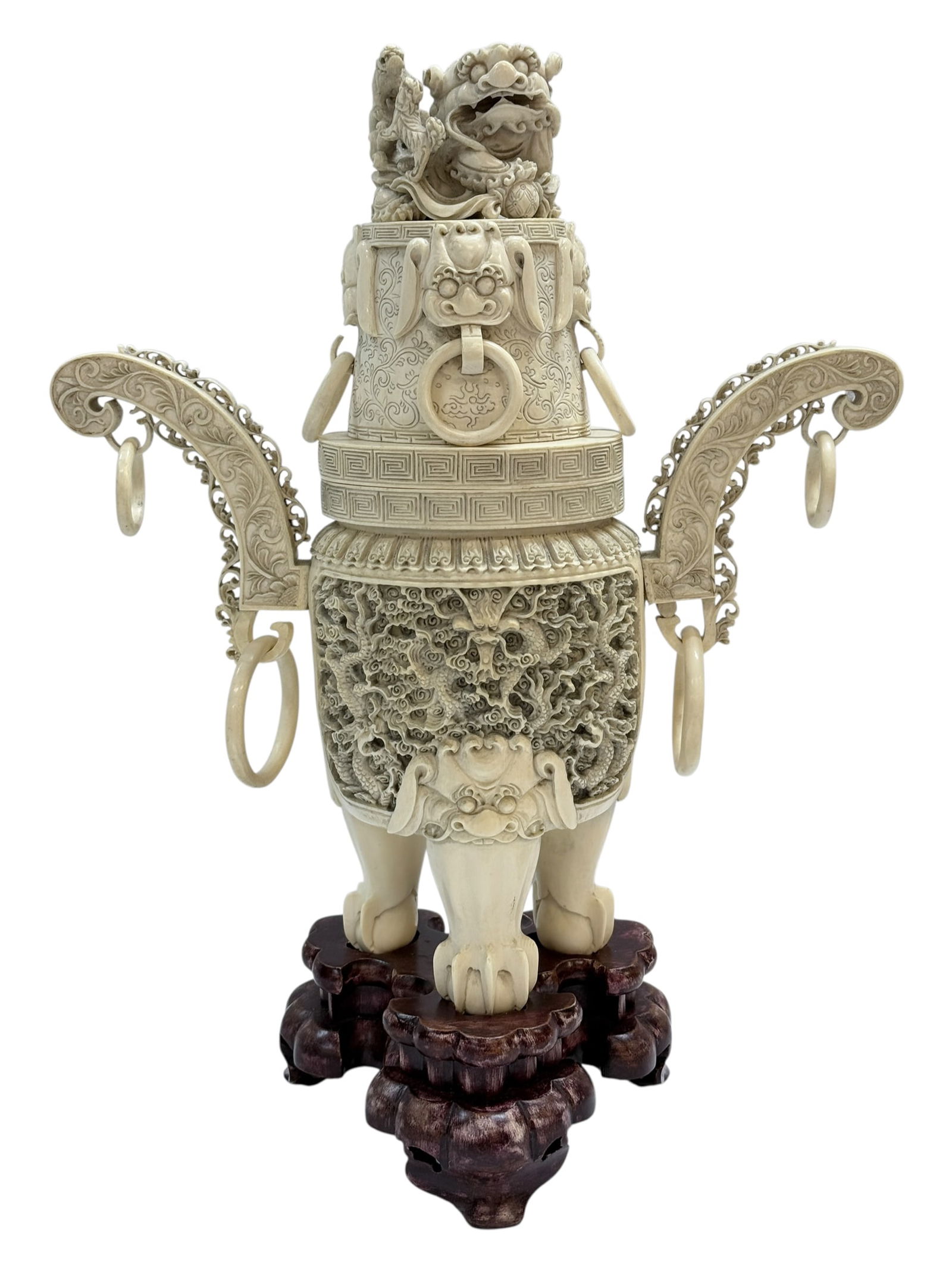 Early 20th C. Chinese Carved Bone Foo Dog Censer on Stand: Early 20th C. Chinese Carved Bone Foo Dog Censer on Stand. An exquisite and intricately hand-carved Chinese bone censer, dating to the early 20th century. The vessel is richly adorned in high relief w