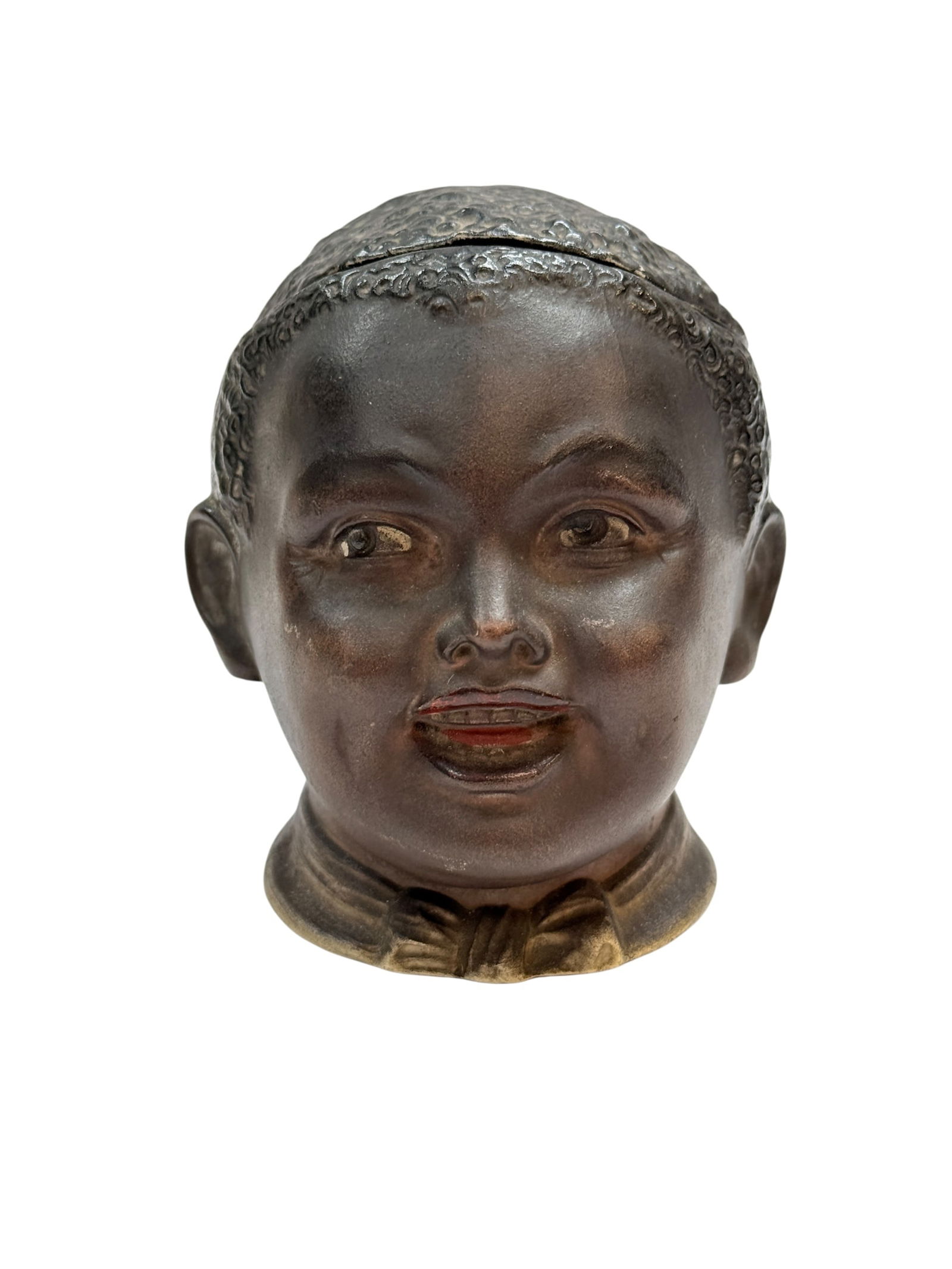 Antique "Black Boy" Black Americana Tobacco Humidor Jar: Antique "Black Boy" Black Americana Tobacco Humidor Jar. 4.75" H x 4.25" W x 4.5" D. Has some light scuffs to paint.