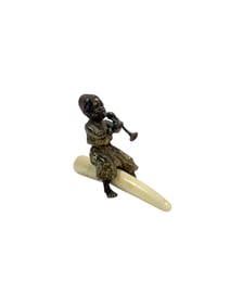 Late 19th C. Vienna Cold Painted Bronze "Black Boy Playing Horn" on Bone Tusk