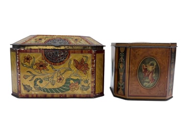 Late 19th C. English Tin Tea Caddy & English Tin Biscuit Jar