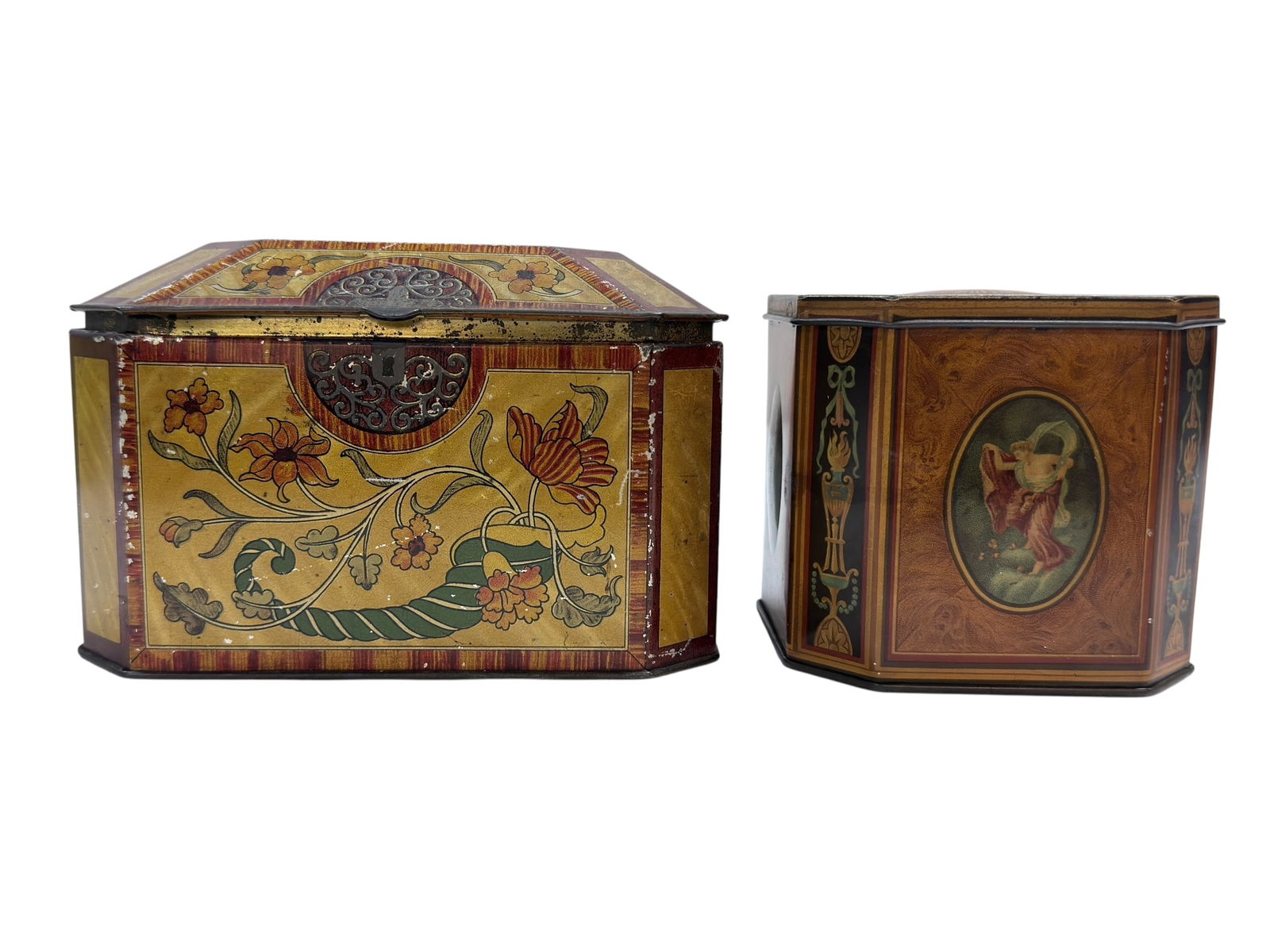 Late 19th C. English Tin Tea Caddy & English Tin Biscuit Jar (1 of 12)