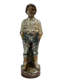 Antique Cast Iron Door Stop "Boy w/ Hand in Pouch"