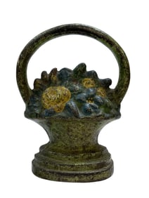 Antique Cast Iron Handled Basket of Flowers Doorstop
