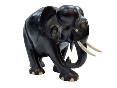 Carved Ebony Wood Elephant w/ Bone Tusk & Toes