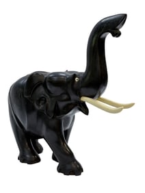 Carved Ebony Wood Trunk Up Elephant w/ Bone Tusk