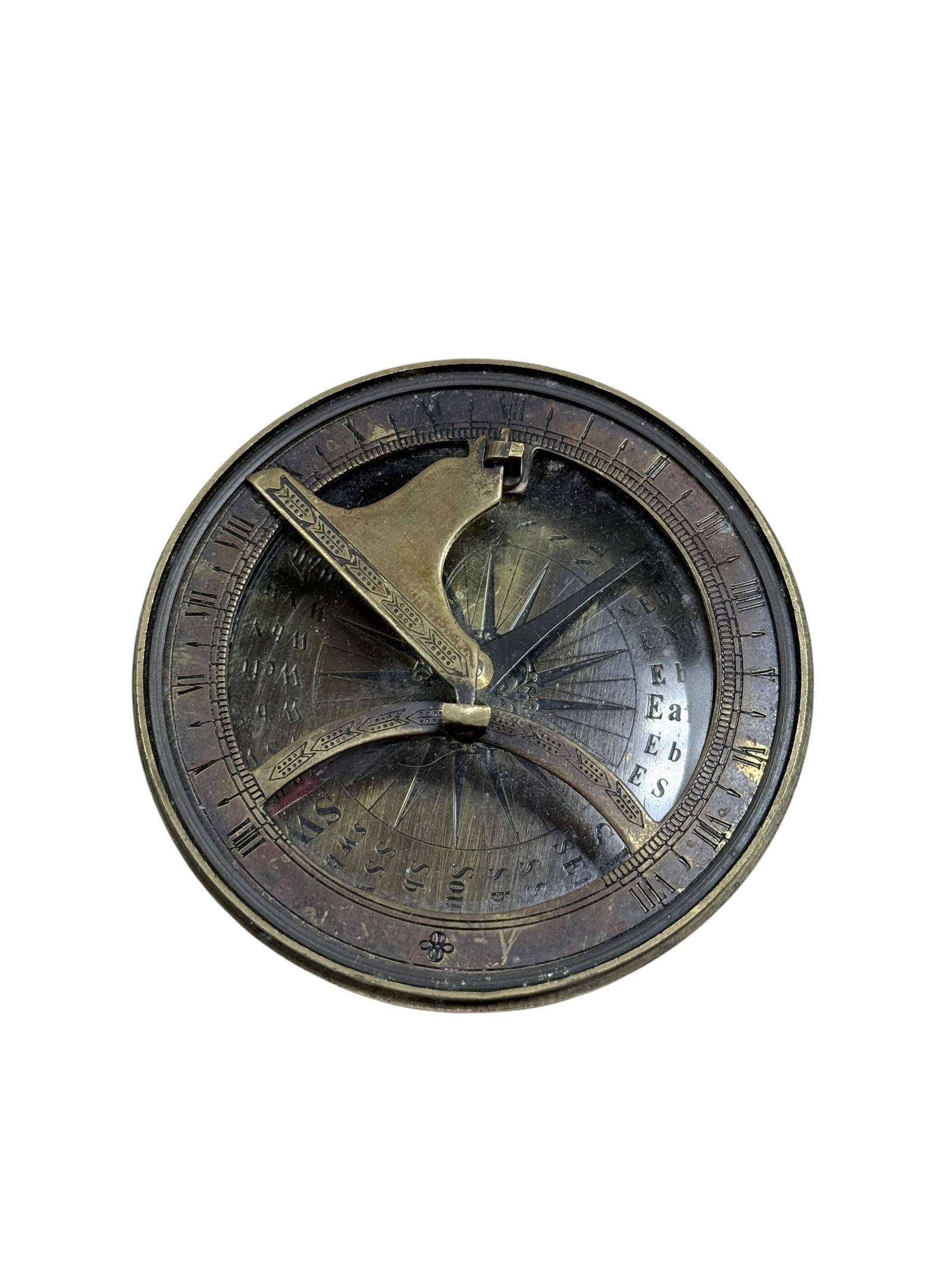 Antique Brass Sundial & Compass: Antique Brass Sundial & Compass. Measures 3.5" Diameter. Has scuffs and scratches.