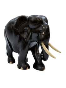 Carved Ebony Wood Elephant w/ Bone Tusk & Toes