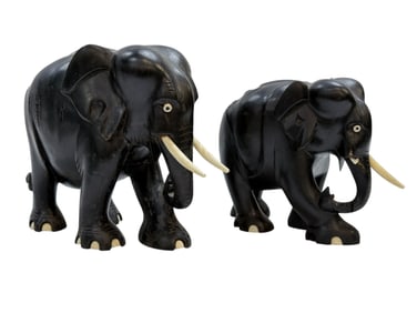 Pair of Carved Ebony Wood Elephant w/ Bone Tusk & Toes