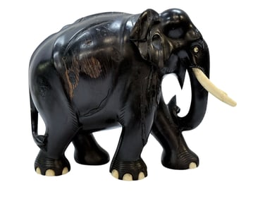 Carved Ebony Wood Elephant w/ Bone Tusk & Toes