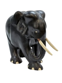 Carved Ebony Wood Elephant w/ Bone Tusk & Toes
