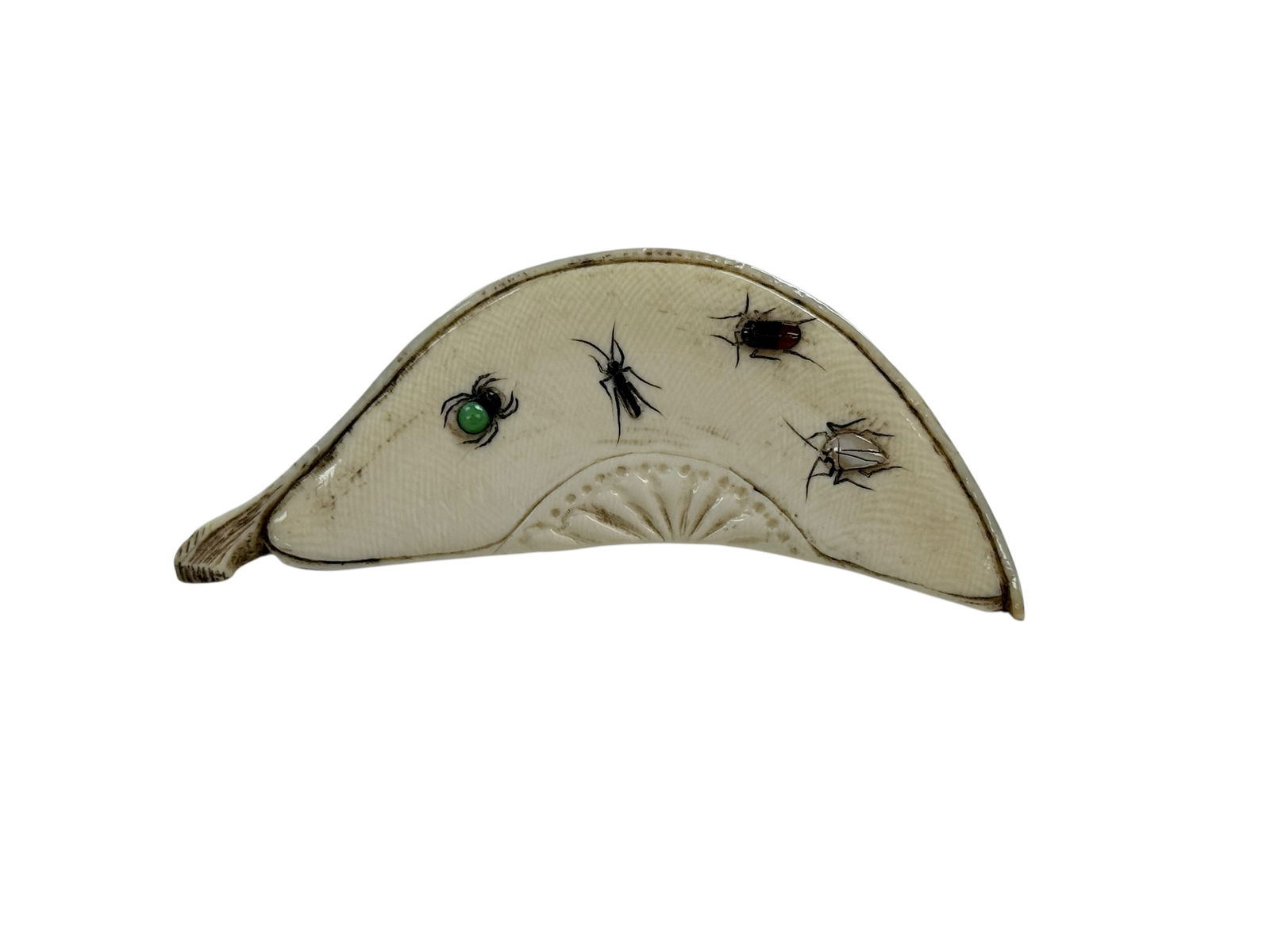 RARE Signed Shibayama Okimono Meiji Carved Bone Fruit Slice: RARE Signed Shibayama Okimono Meiji Carved Bone Fruit Slice. Stone and mother-of-pearl inlaid Insects. Measures 3" W. In good condition.