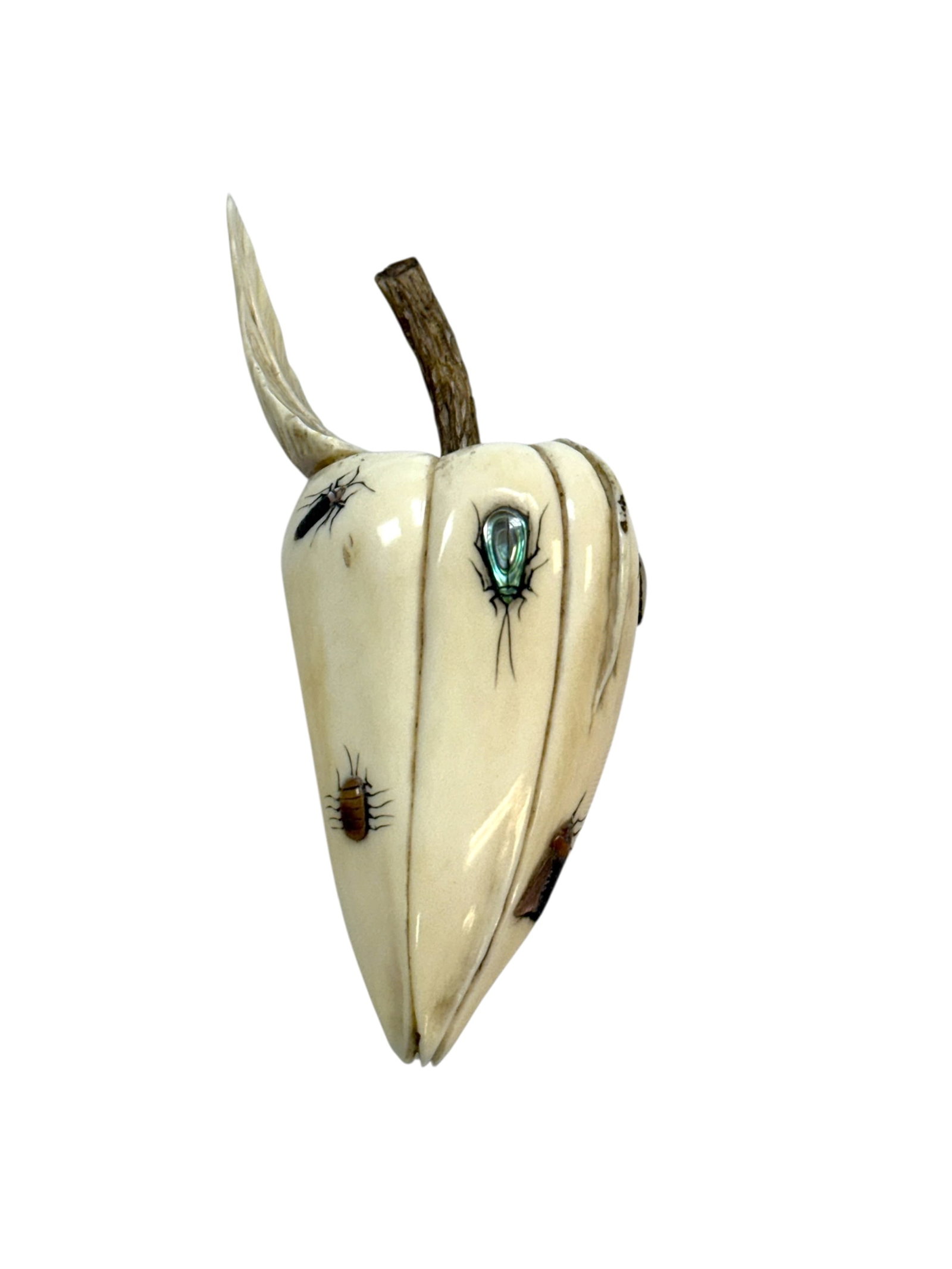 RARE Signed Shibayama Okimono Meiji Carved Fruit: RARE Signed Shibayama Okimono Meiji Carved Fruit. Stone and mother-of-pearl inlaid Insects. Measures 3.25" H. In good condition.