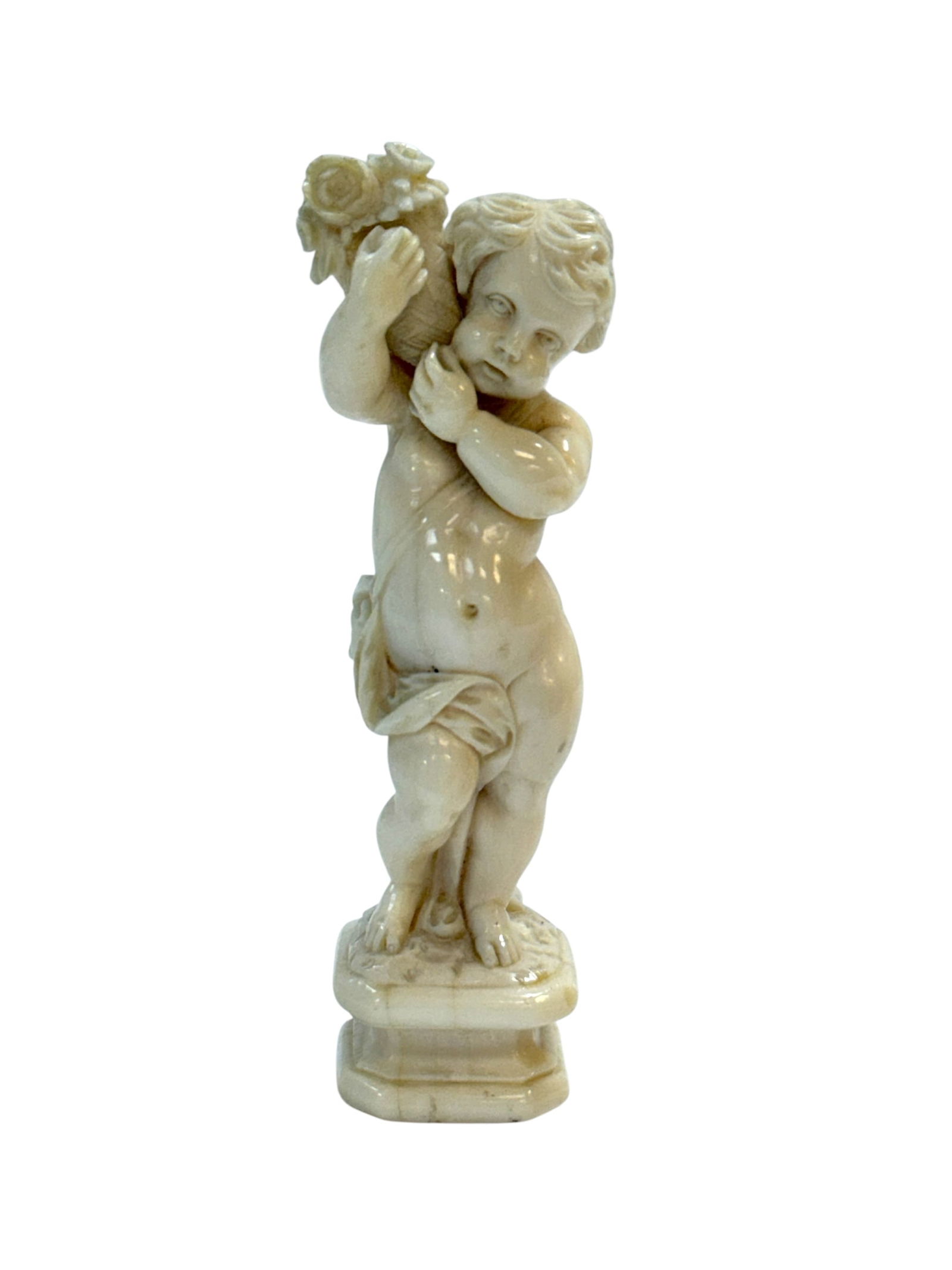 19th C. European Carved Bone Angel Seal: 19th C. European Carved Bone Angel Seal. Flower basket in hands is removeable. Measures 3.5" Tall. In good condition.