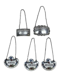 2 Sterling & 3 Porcelain Decanter Labels