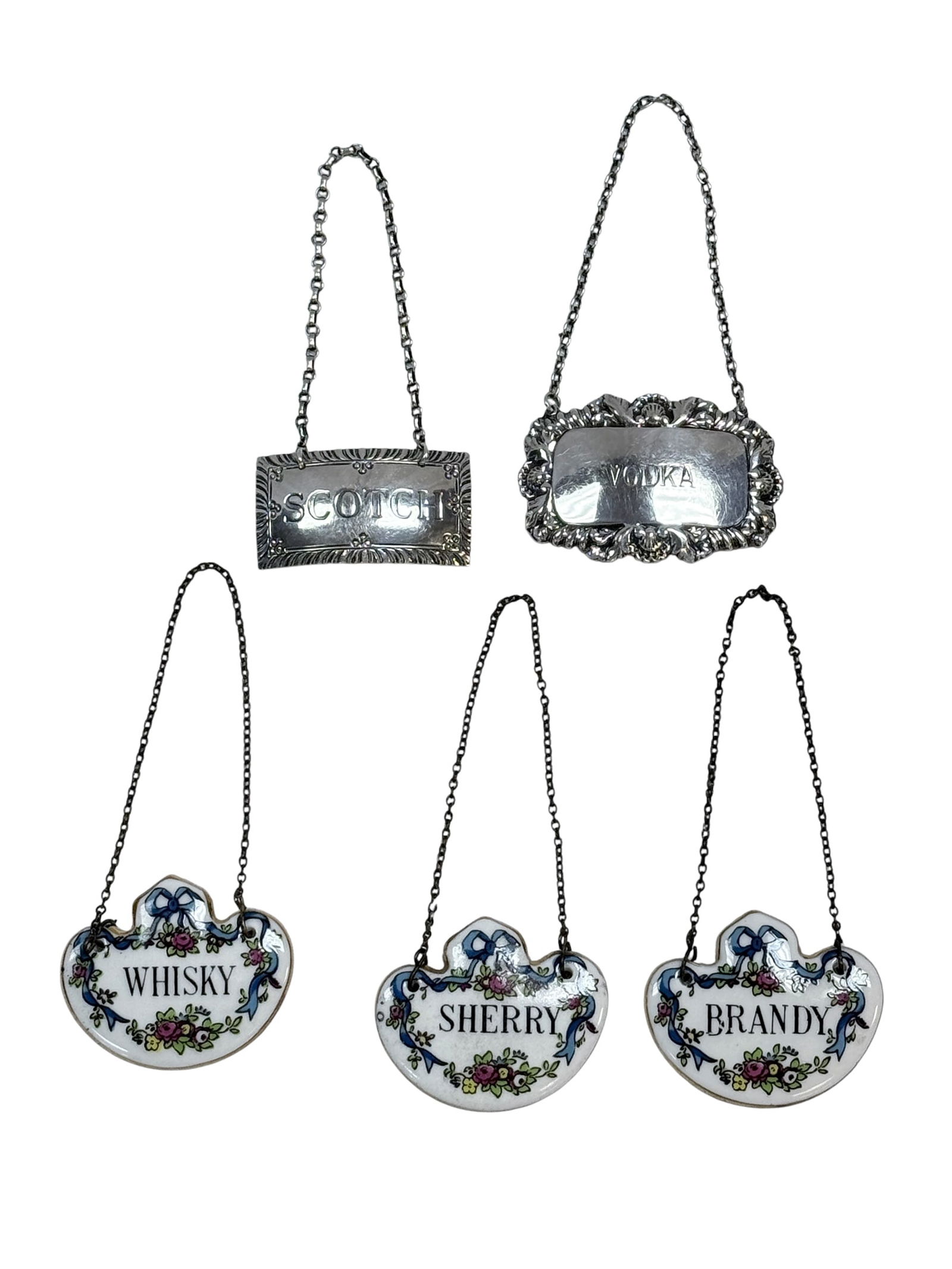 2 Sterling & 3 Porcelain Decanter Labels: 2 Sterling & 3 Porcelain Decanter Labels. Stieff Williamsburg Restoration Sterling "Scotch" Label, I.F & Son LTD England Sterling "Vodka" Label & 3 Staffordshire Fine Bone China England Whisky, Brandy