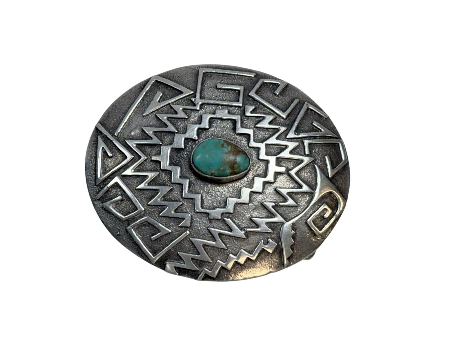 Navajo Sterling & Turquoise Buckle: Navajo Sterling & Turquoise Buckle. Marked sterling on the backside with makers mark. Measures 2.75" x 2.5". Has scratches on the back.