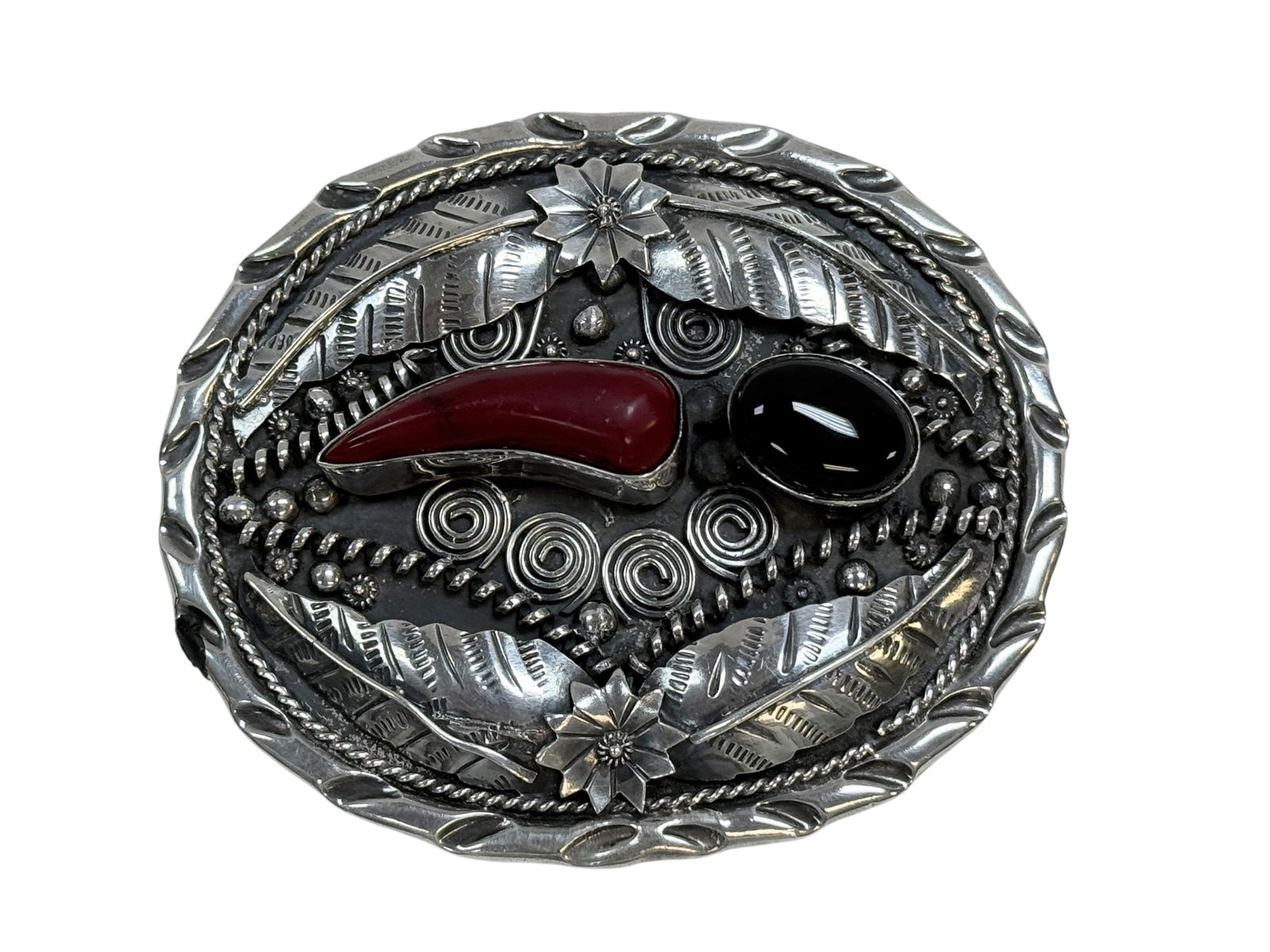 Sterling & Coral Mexico Buckle: Sterling & Coral Mexico Buckle. Marked on the backside edge. Measures 3.5" x 3". Has scratches on the backside.