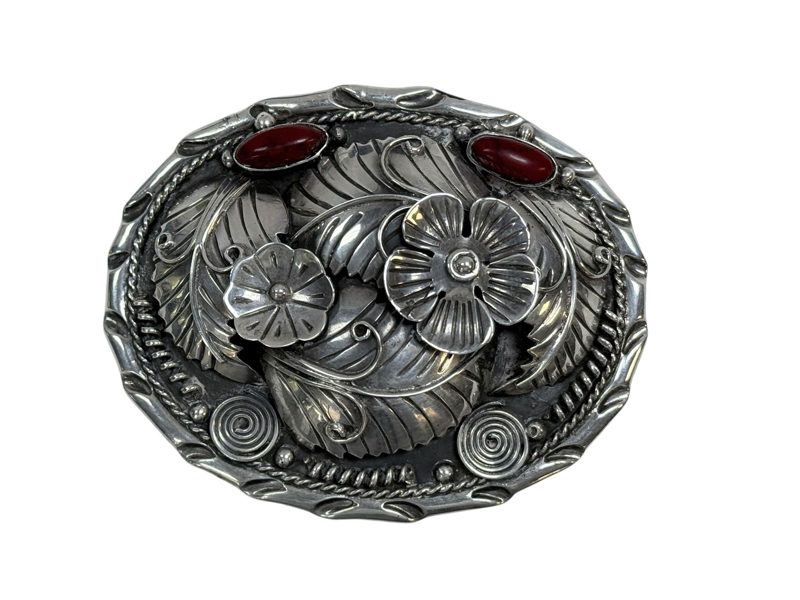 Sterling & Coral Mexico Buckle: Sterling & Coral Mexico Buckle. Marked on the backside. Measures 3.5" x 3". Has scratches on the backside.