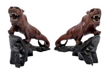 Pair of Wood Carved Panther Sculptures