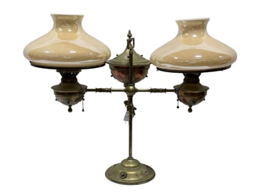 Antique Brass Double Student Lamp w/ Cased Shades