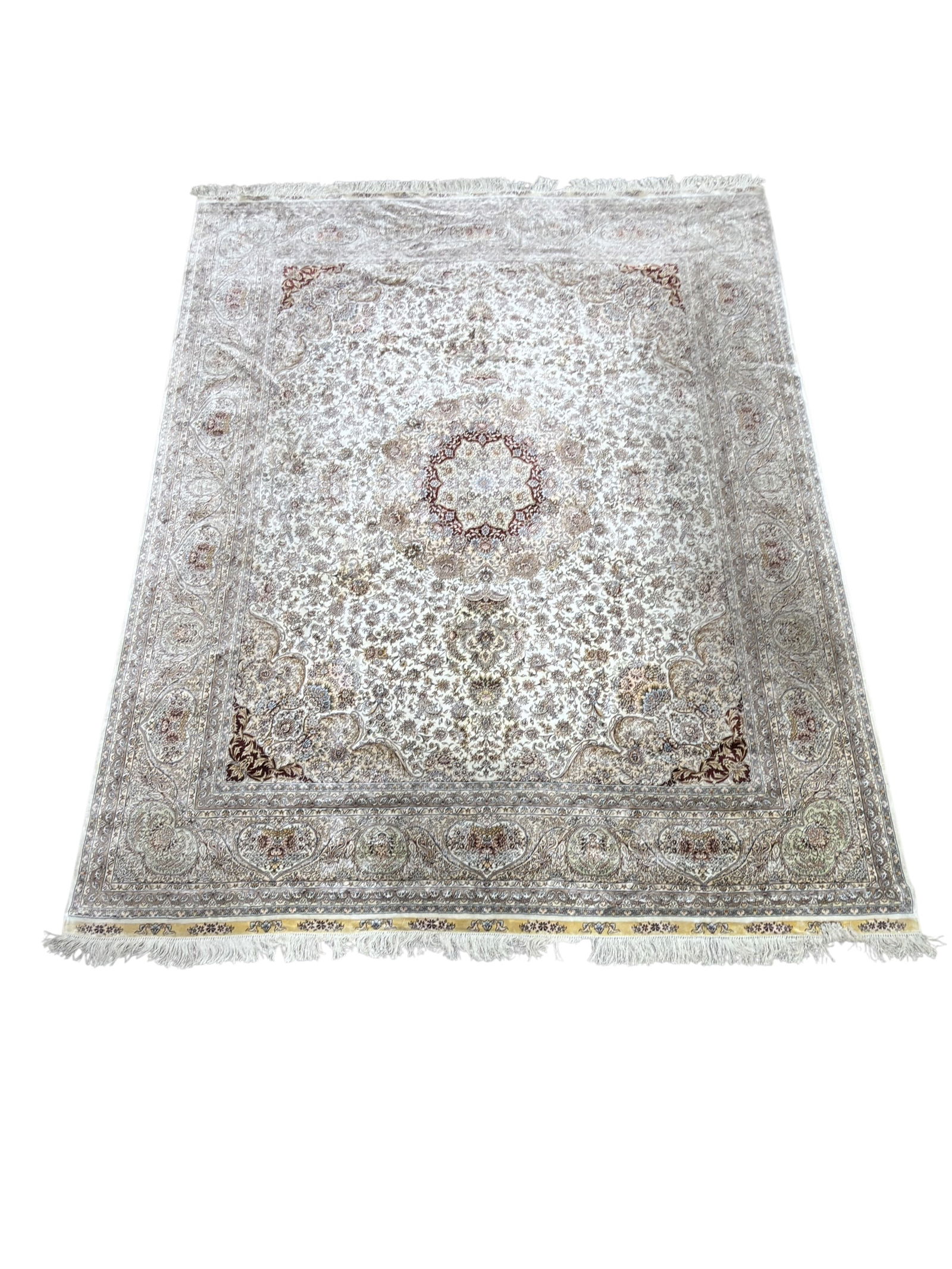 Fine Hand Knotted Silk Light Color Persian Rug: Fine Hand Knotted Silk Light Color Persian Rug. Measures 10' 7" x 8' 3". Has some fraying.