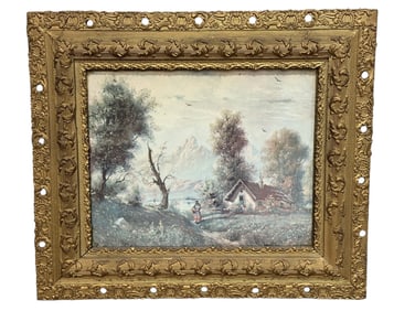Landscape & Hut Print in Antique Giltwood Frame