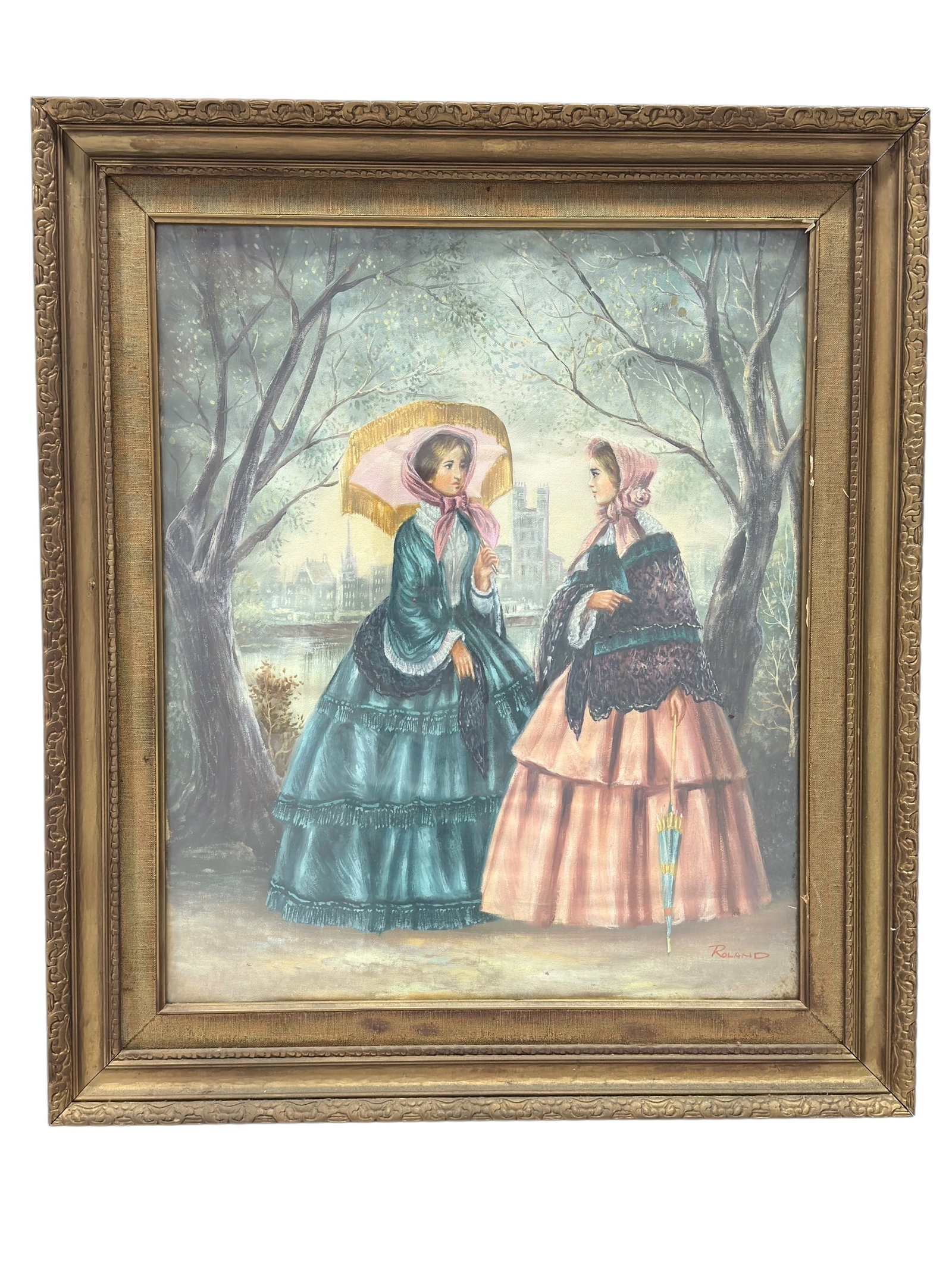 Signed Roland Oil on Canvas "2 Victorian Era Ladies" Painting: Signed Roland Oil on Canvas "2 Victorian Era Ladies" Painting. Singed in the bottom right corner. Painting in an antique giltwood frame. Painting measures 23.25" x 19.25". Frame measures 30" x 25.75".