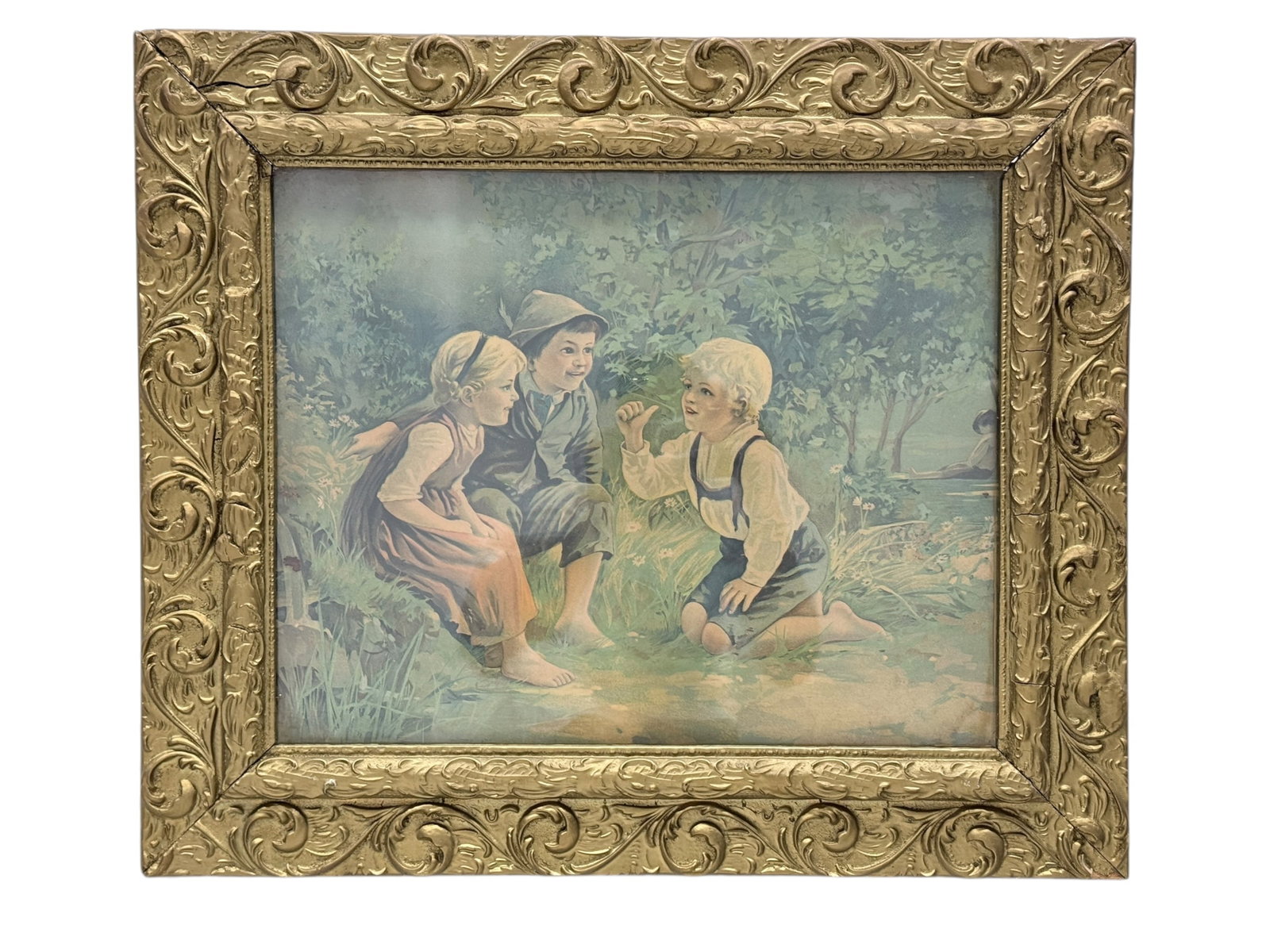 Late 19th C. Print of Children in Antique Giltwood Frame: Late 19th C. Print of Children in Antique Giltwood Frame. Print measures 19.5" x 15.5". Frame measures 26.75" x 22.75". Frame has some scuffs and cracks.