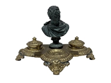 Maitland Smith Brass Double Inkwell w/ Bronze Roman Bust