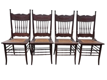 Set of 4 Antique Oak Caned Seat Chairs
